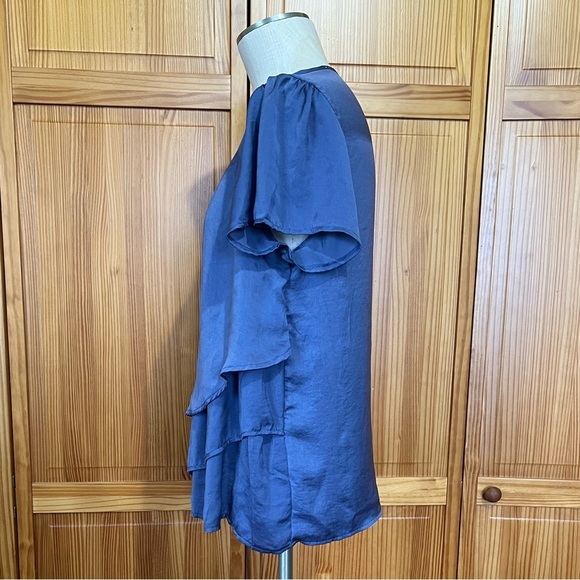Hagel Medium Blue Tulip Sleeve Ruffled Tier Front Blouse Keyhole Closure Office - Picture 5 of 9